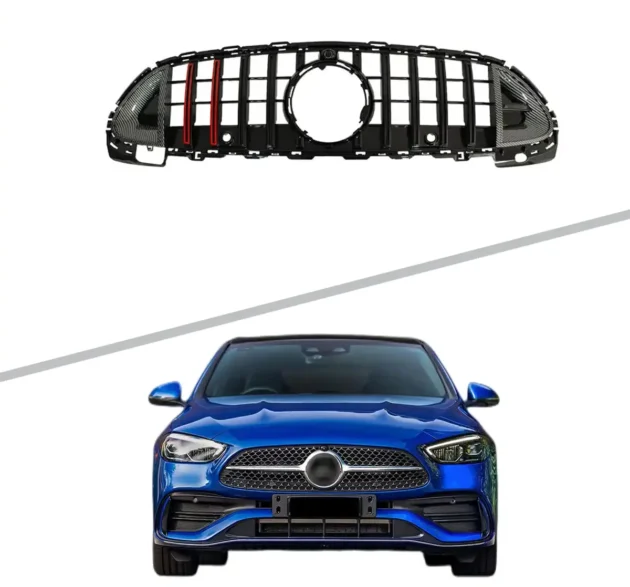 BENZ W206 2022+ ROCKET GT Style Gloss Black Carbon Look Red Stripes Car Front Bumper Grille